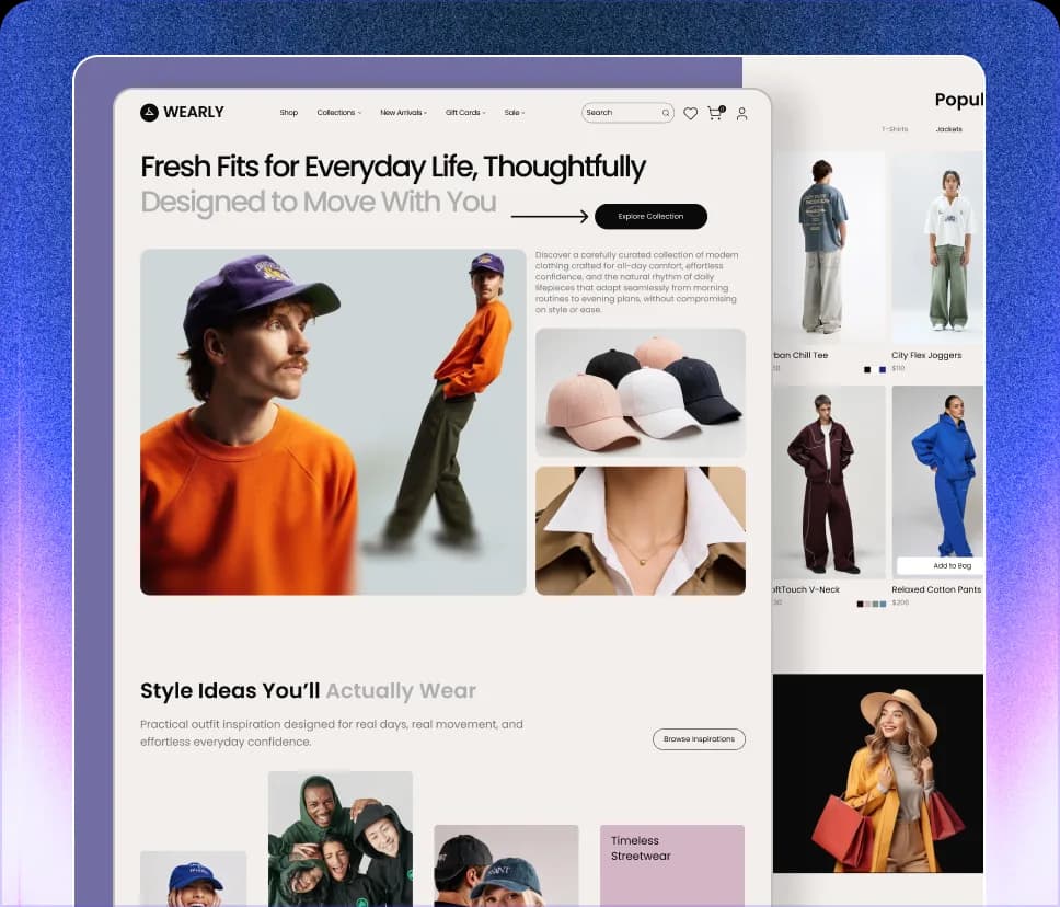 A Wearly storefront built on Storlox — editorial hero, lookbook grid and a product rail, shown on desktop.