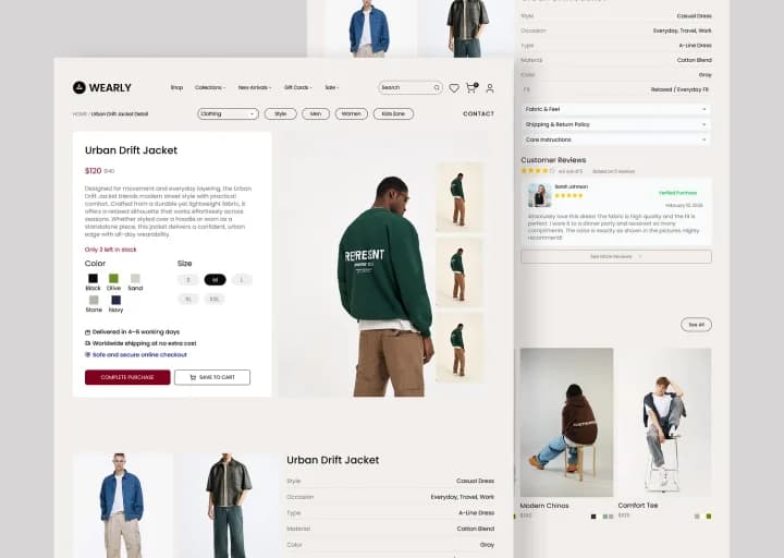 A Storlox storefront on desktop: the Urban Drift Jacket product page with variants, delivery promise and customer reviews.