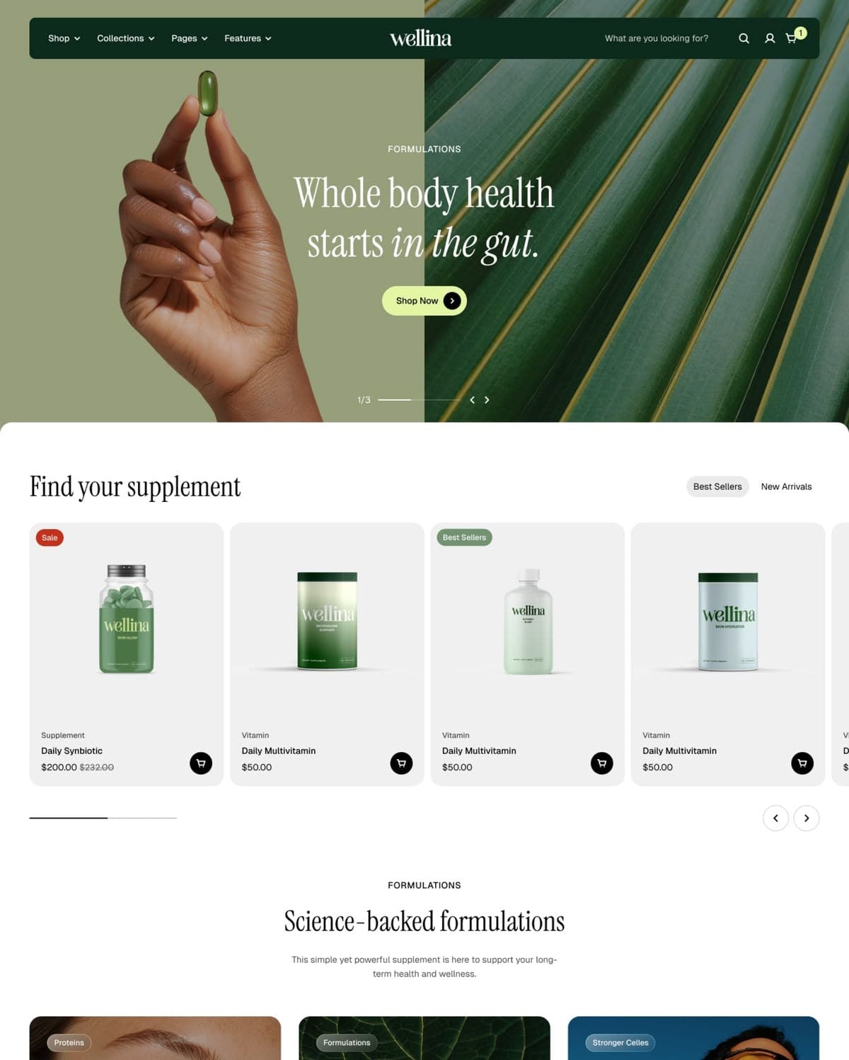 A supplement brand's storefront, from the campaign hero down to the product grid.