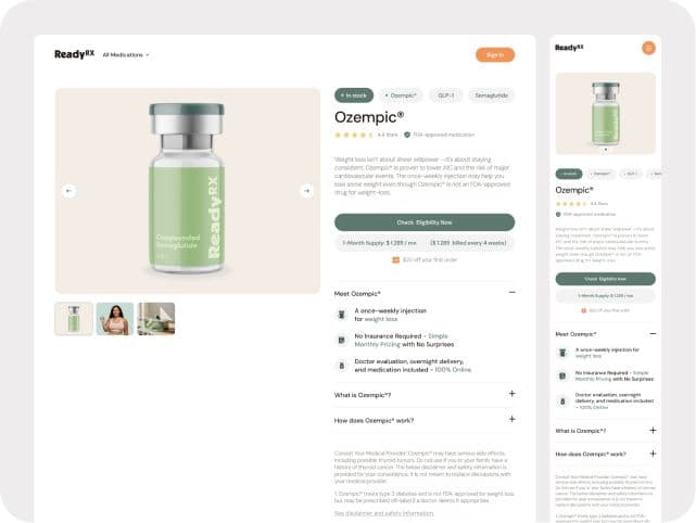 A pharmacy storefront's product page, shown side by side on desktop and mobile.