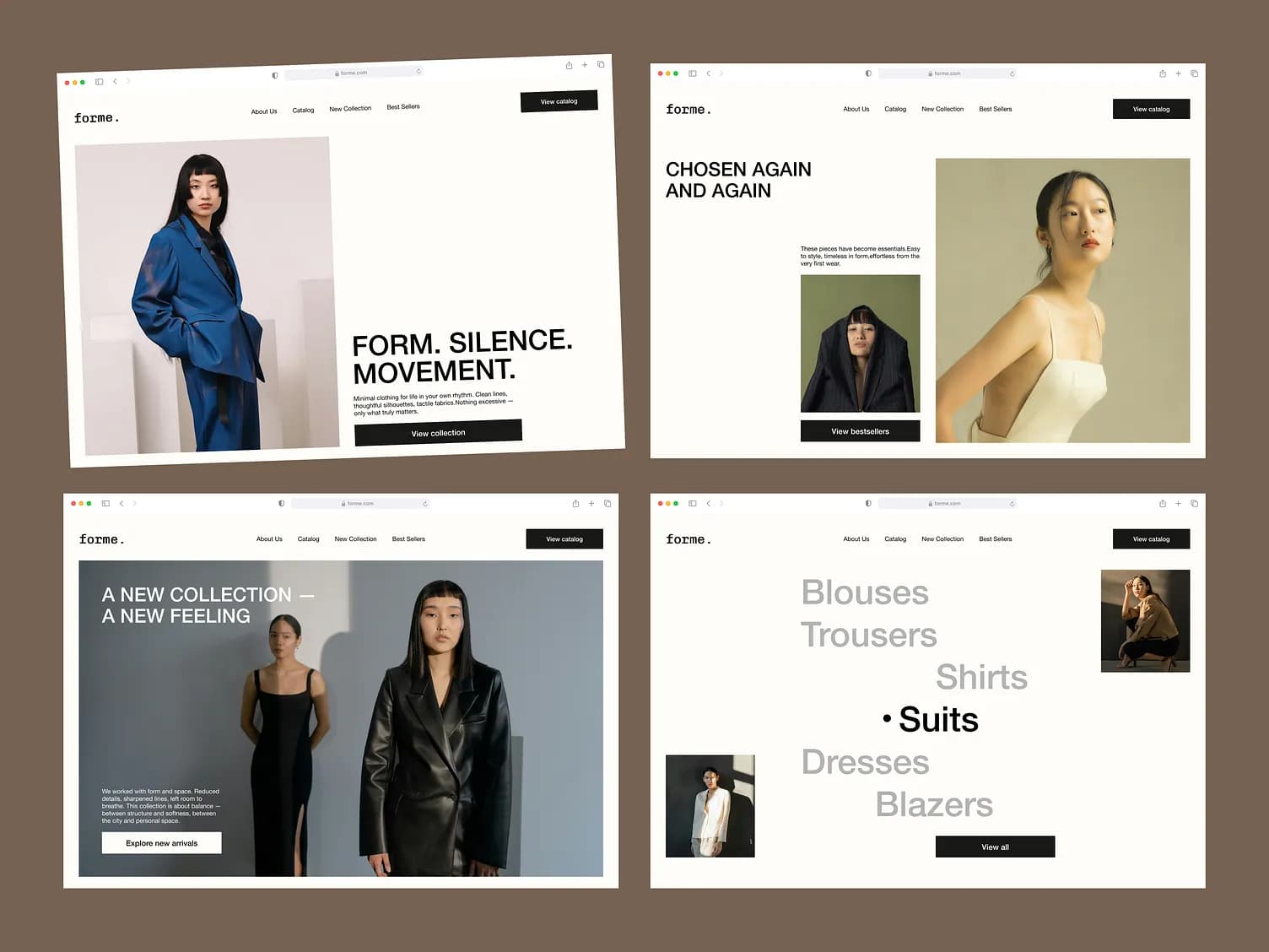 Four desktop layouts from a fashion label's storefront — landing page, collection and lookbook.